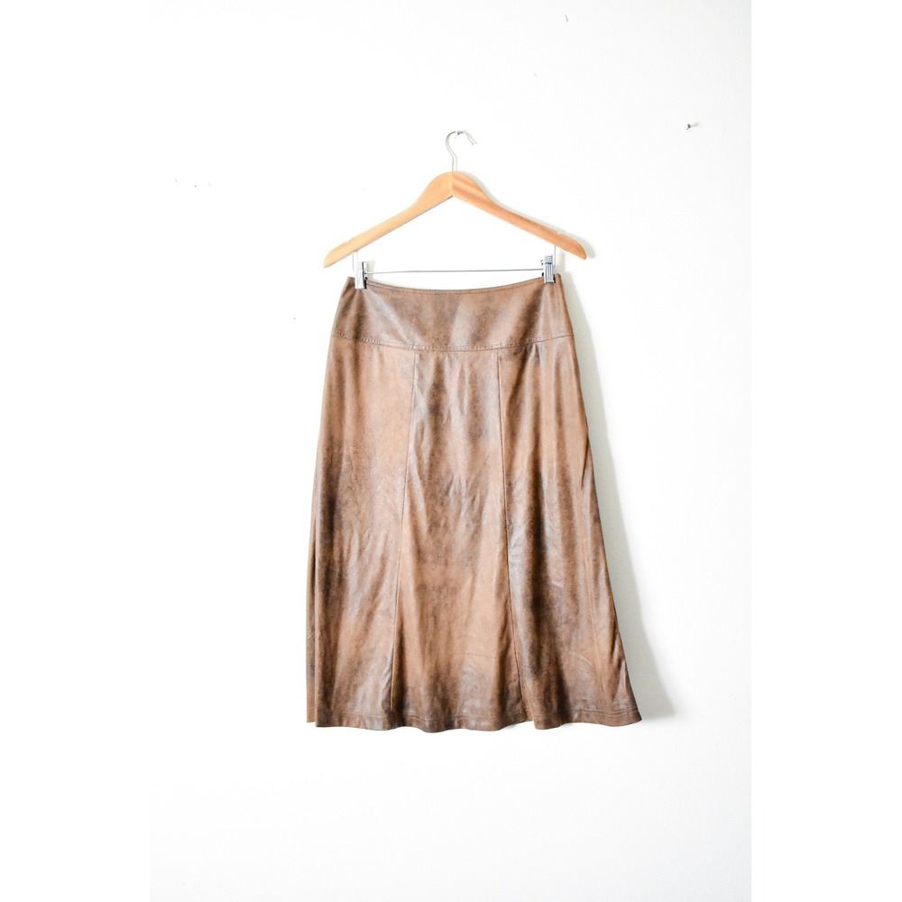 Christopher & Banks Faux Leather Skirt Women 6 Brown Y2K Distressed Midi A-Line